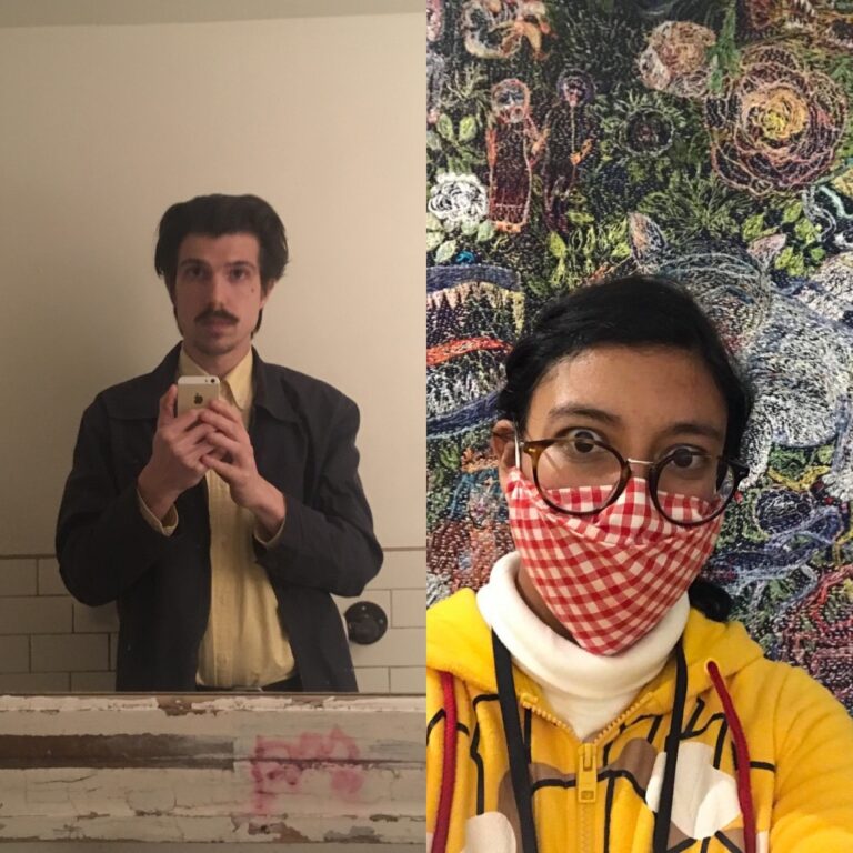 Two images collaged into one. The left image shows Development Assistant Jordan Fee holding up his phone, taking a mirror selfie. The left image shows Education Assistant Karina Roman wearing a red mask, posed in front of one of Anna Torma's embroidery pieces at the Museum. 